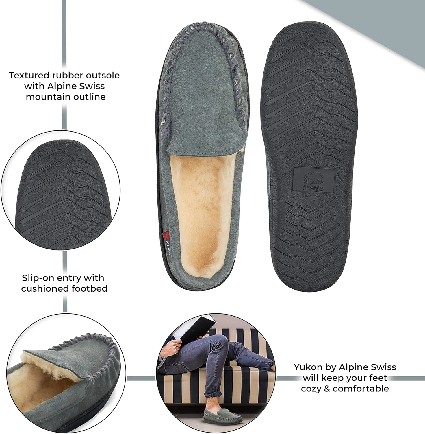 Alpine Swiss Yukon Mens Moccasin Slippers Genuine Suede Slip-On House Shoes Shearling Lining Comfy Stylish Indoor Footwear
