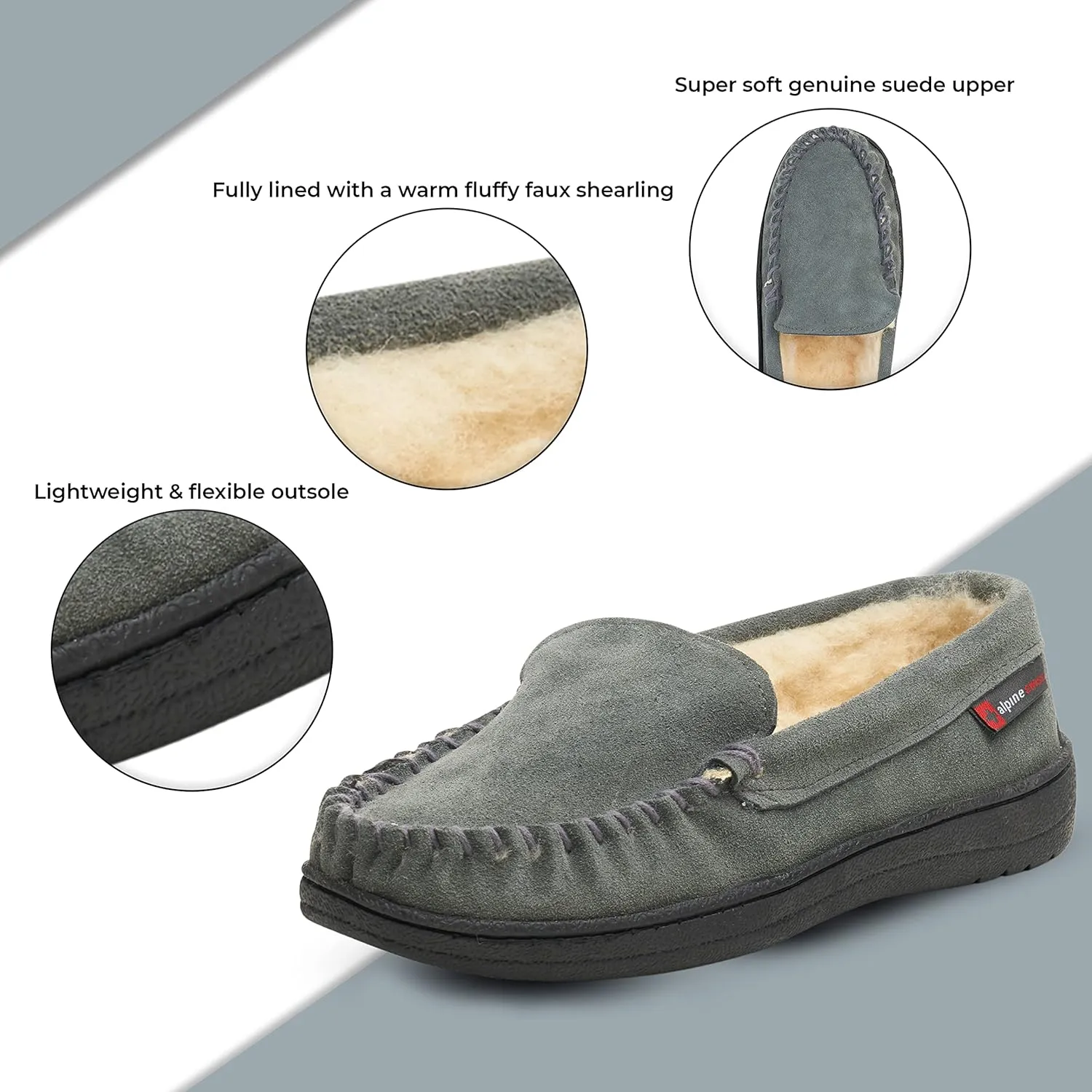 Alpine Swiss Yukon Mens Moccasin Slippers Genuine Suede Slip-On House Shoes Shearling Lining Comfy Stylish Indoor Footwear