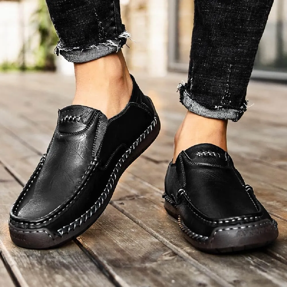 Asifn Men's Loafers Leather Hand-Stitched Casual Shoes Non-Slip Wear-Resistant Flat Bottom Breathable Outdoor Shoes