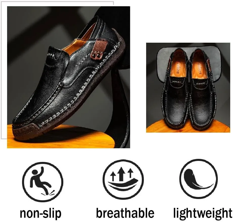 Asifn Men's Loafers Leather Hand-Stitched Casual Shoes Non-Slip Wear-Resistant Flat Bottom Breathable Outdoor Shoes