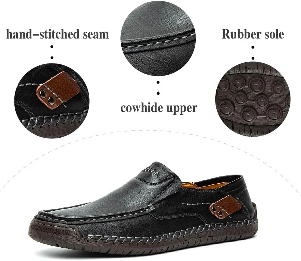 Asifn Men's Loafers Leather Hand-Stitched Casual Shoes Non-Slip Wear-Resistant Flat Bottom Breathable Outdoor Shoes