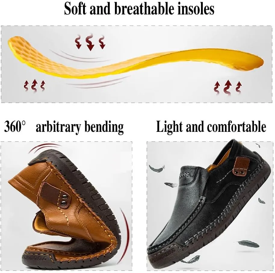 Asifn Men's Loafers Leather Hand-Stitched Casual Shoes Non-Slip Wear-Resistant Flat Bottom Breathable Outdoor Shoes
