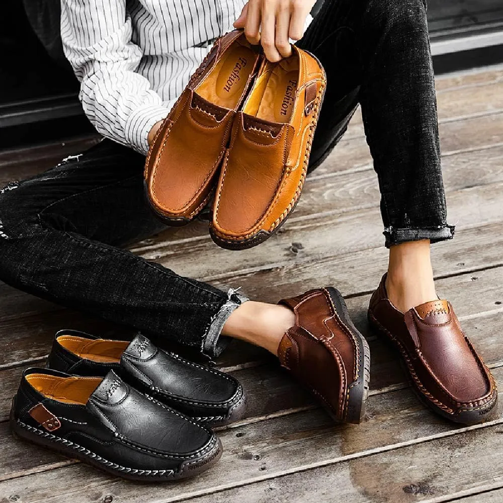 Asifn Men's Loafers Leather Hand-Stitched Casual Shoes Non-Slip Wear-Resistant Flat Bottom Breathable Outdoor Shoes
