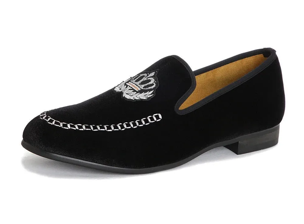 Autumn Black Solid Velvet Embroidered Casual Slip-On Loafers for Men