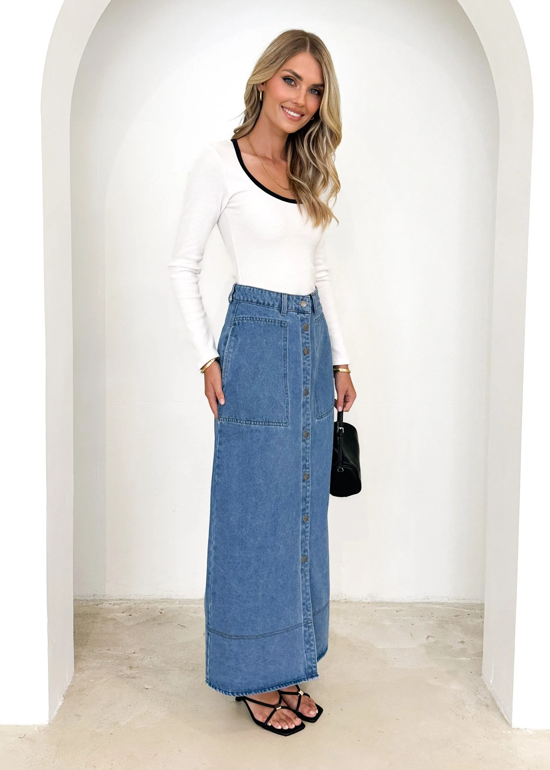 Avida Denim Midi Skirt - Mid Blue