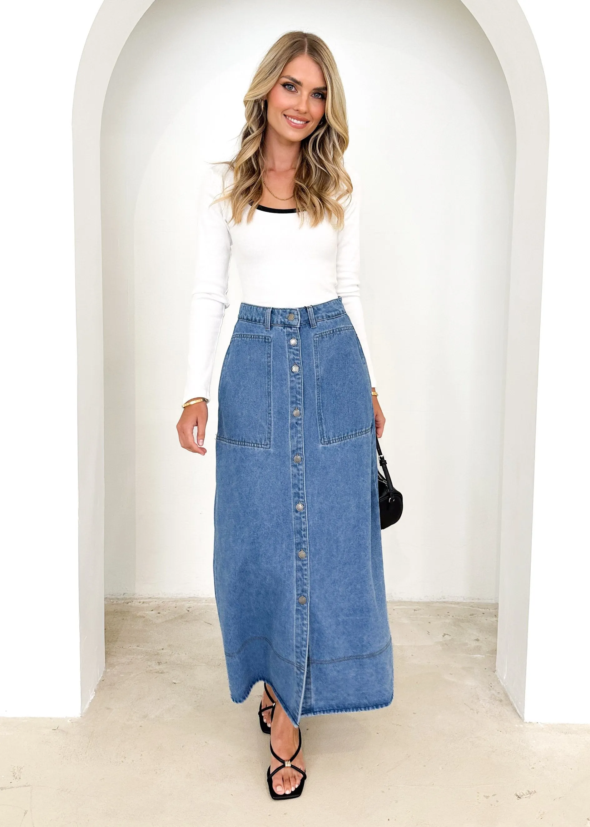 Avida Denim Midi Skirt - Mid Blue