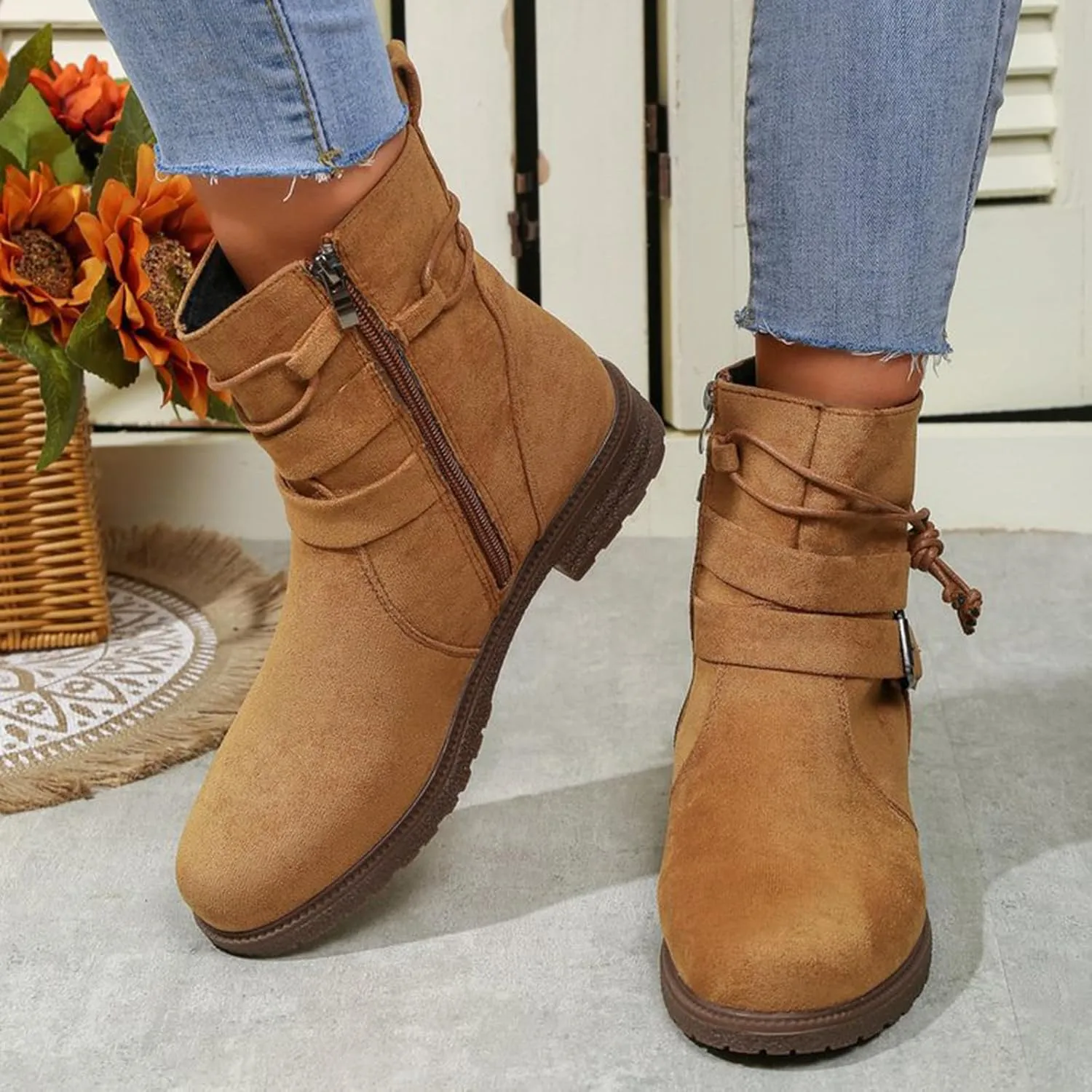Boots for Women Retro Belt Buckle Boots Bundle Rope Suede Square Heel Boots Outdoor Round Toe Boots
