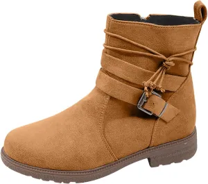 Boots for Women Retro Belt Buckle Boots Bundle Rope Suede Square Heel Boots Outdoor Round Toe Boots
