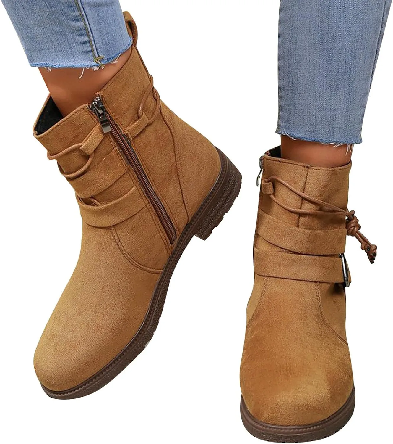 Boots for Women Retro Belt Buckle Boots Bundle Rope Suede Square Heel Boots Outdoor Round Toe Boots