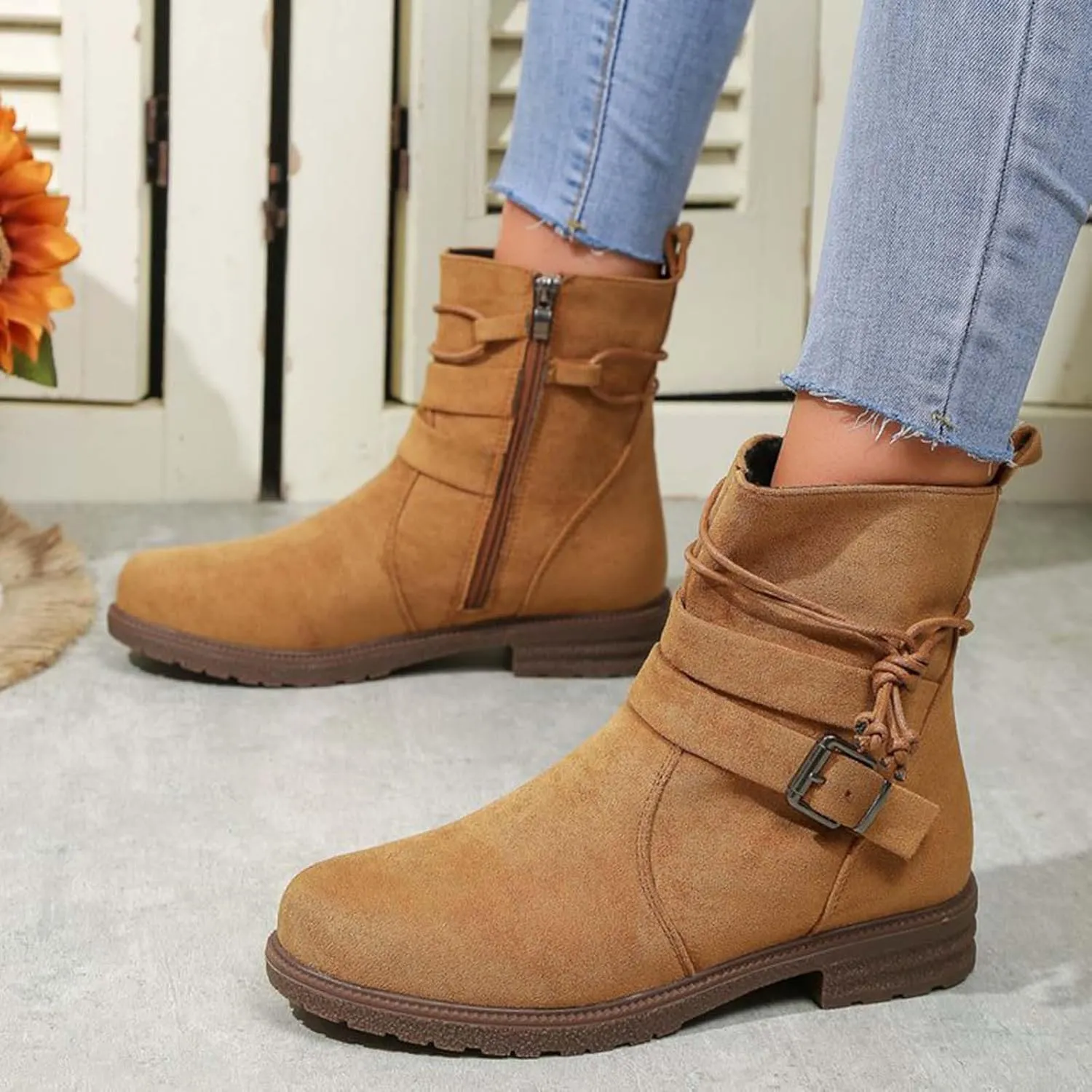Boots for Women Retro Belt Buckle Boots Bundle Rope Suede Square Heel Boots Outdoor Round Toe Boots