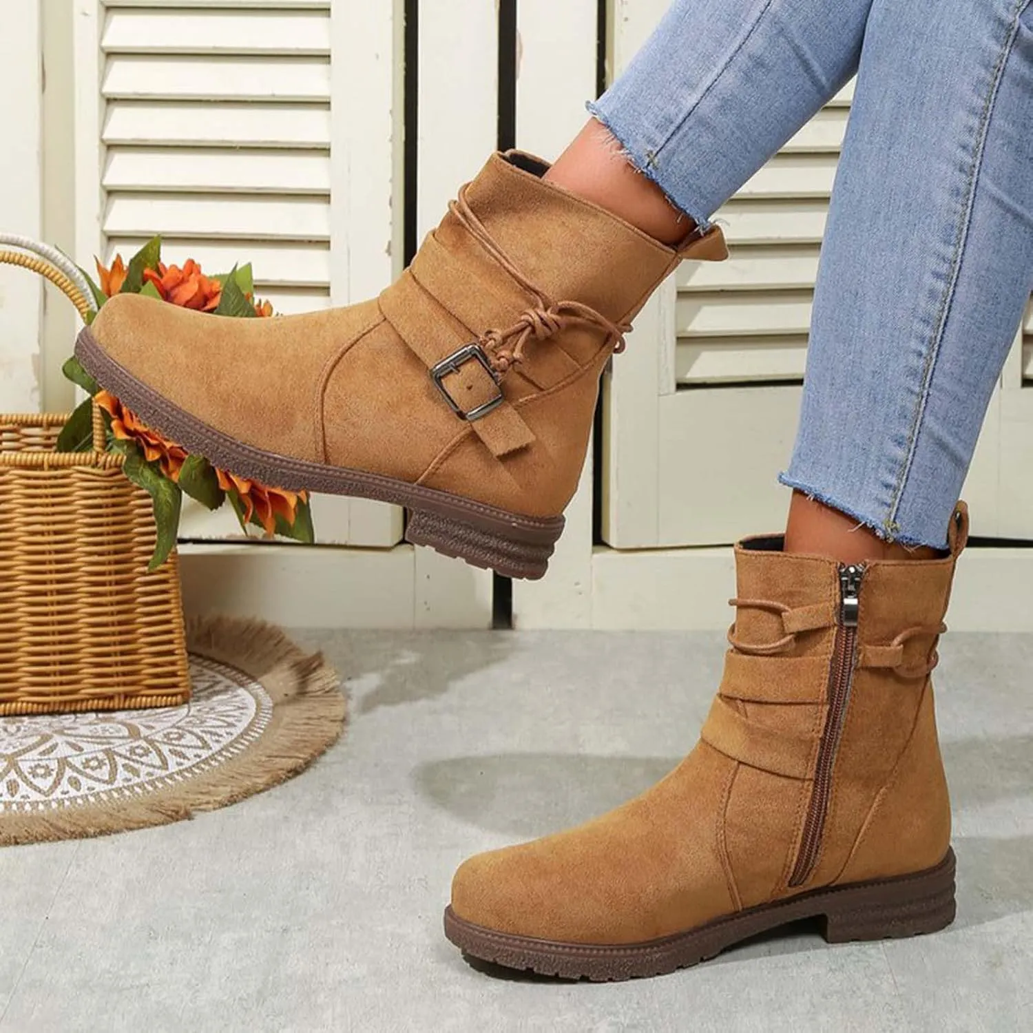 Boots for Women Retro Belt Buckle Boots Bundle Rope Suede Square Heel Boots Outdoor Round Toe Boots