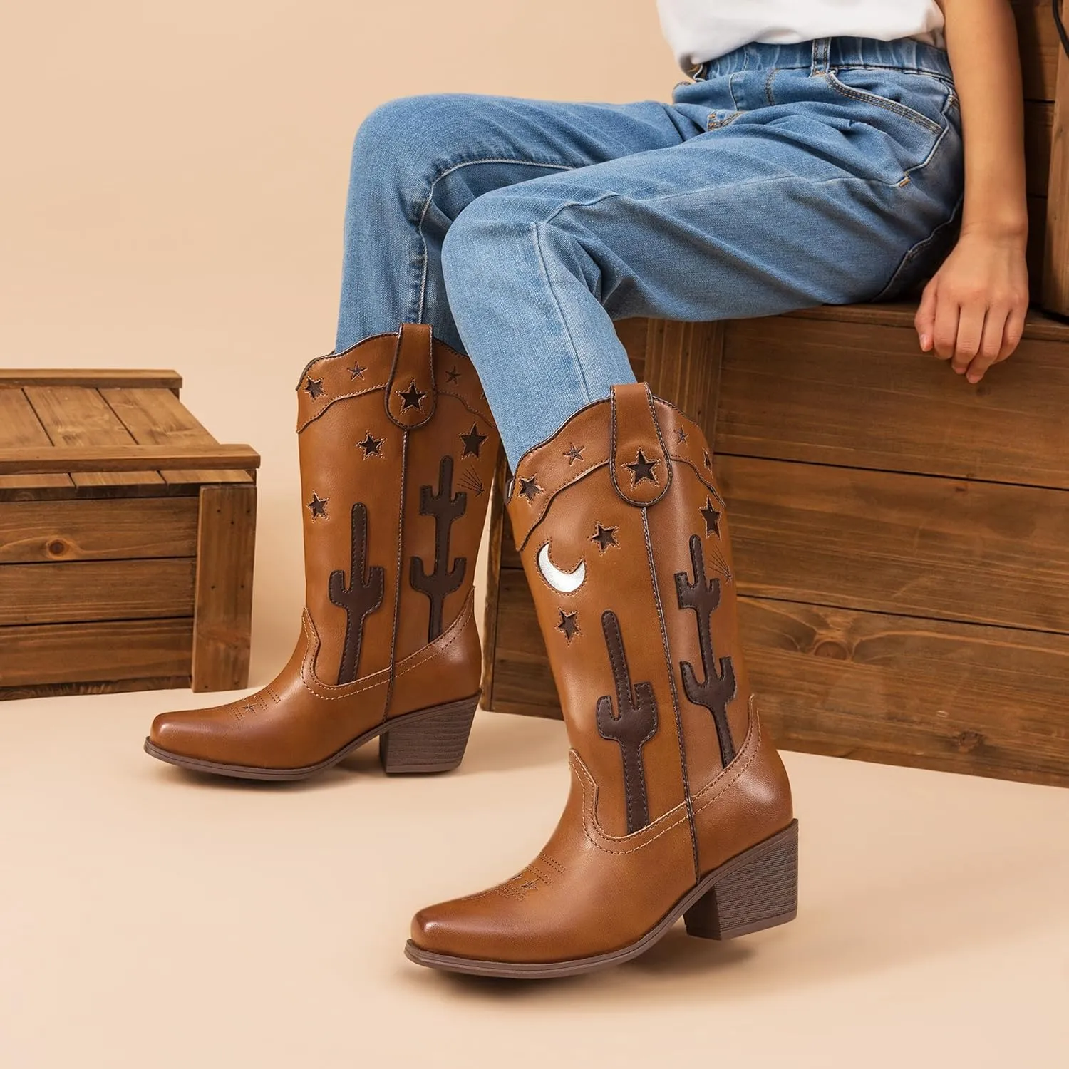 DREAM PAIRS Girls Cowboy Boots Cowgirl Mid Calf Western Boots with Low Heel Square Toe for Little Kid/Big Kid
