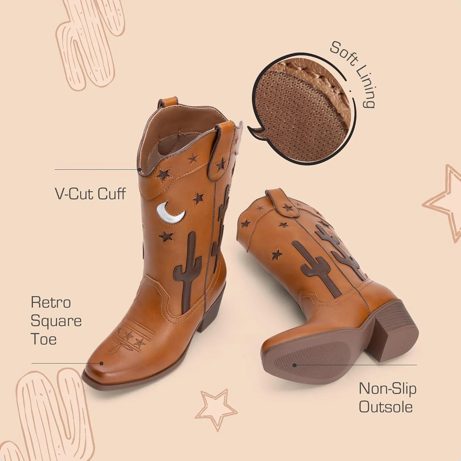 DREAM PAIRS Girls Cowboy Boots Cowgirl Mid Calf Western Boots with Low Heel Square Toe for Little Kid/Big Kid