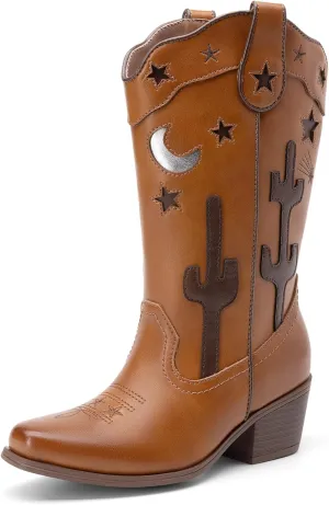 DREAM PAIRS Girls Cowboy Boots Cowgirl Mid Calf Western Boots with Low Heel Square Toe for Little Kid/Big Kid