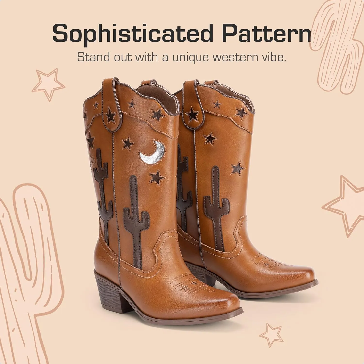 DREAM PAIRS Girls Cowboy Boots Cowgirl Mid Calf Western Boots with Low Heel Square Toe for Little Kid/Big Kid