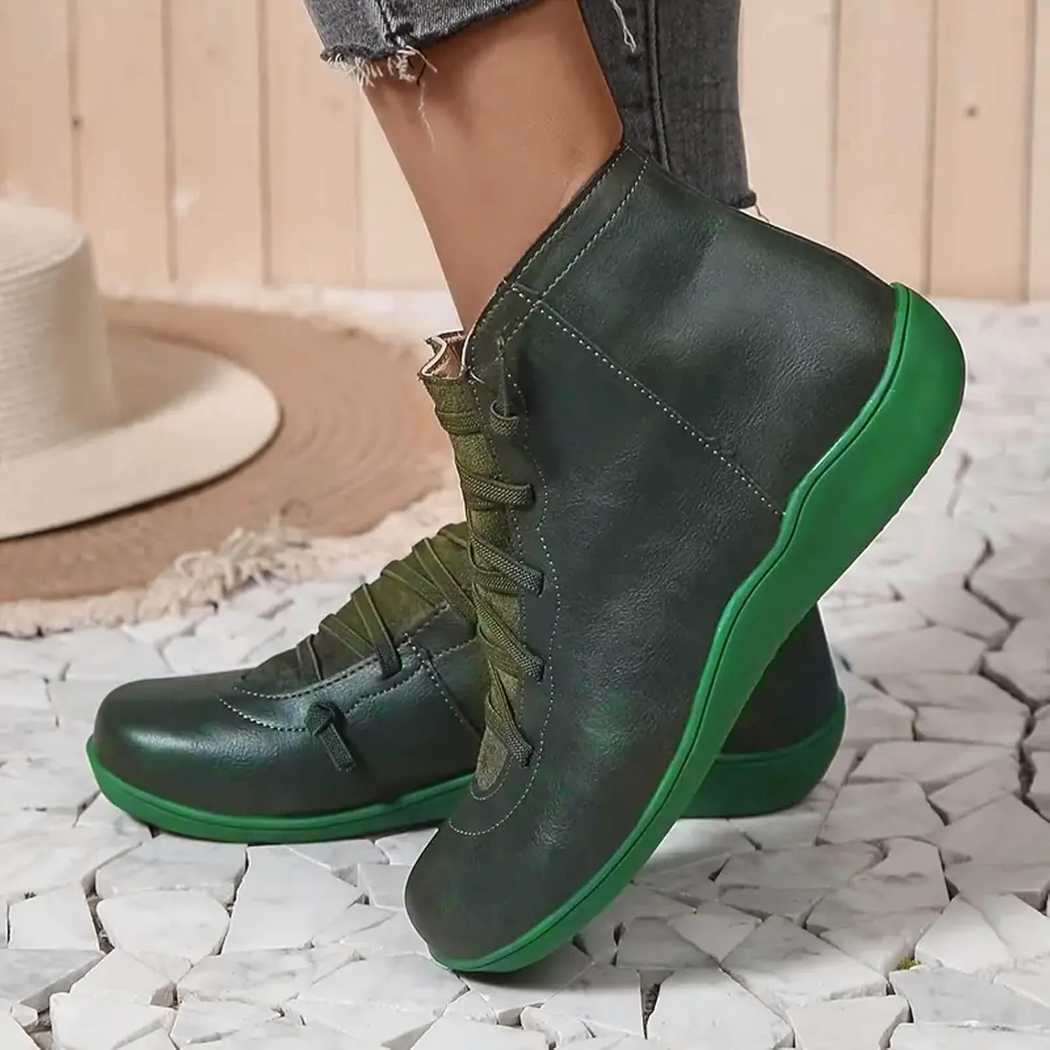 Fall Boots Womens Ankle Boots Arch Support Flat Heel Fashion Lace Up Zipper Booties Cowboy Walking Short Bootie