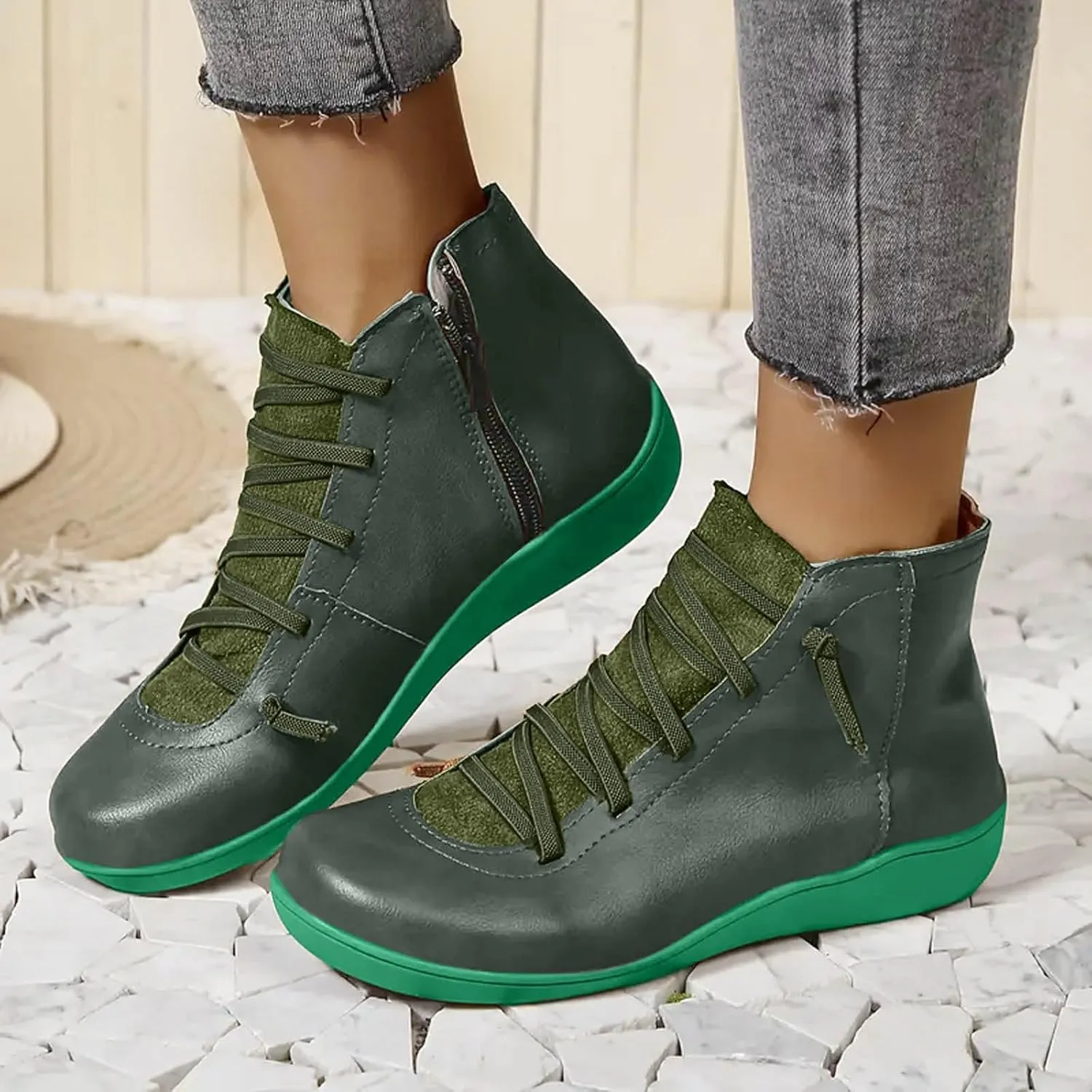 Fall Boots Womens Ankle Boots Arch Support Flat Heel Fashion Lace Up Zipper Booties Cowboy Walking Short Bootie