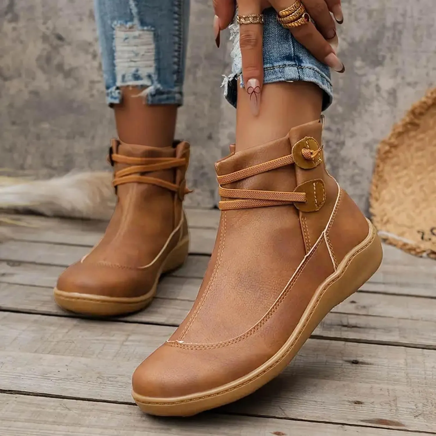Fall Boots Womens Flat Western Ankle Boots Round Toe Cowboy Cowgirl Arch Support Walking Short Bootie