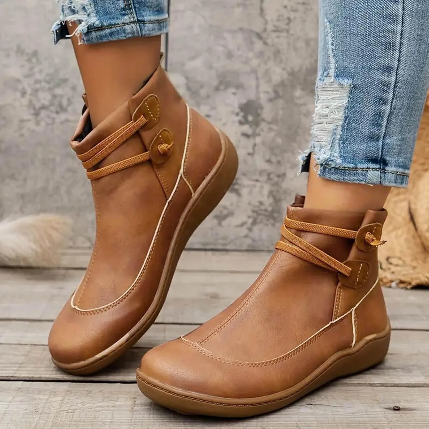 Fall Boots Womens Flat Western Ankle Boots Round Toe Cowboy Cowgirl Arch Support Walking Short Bootie