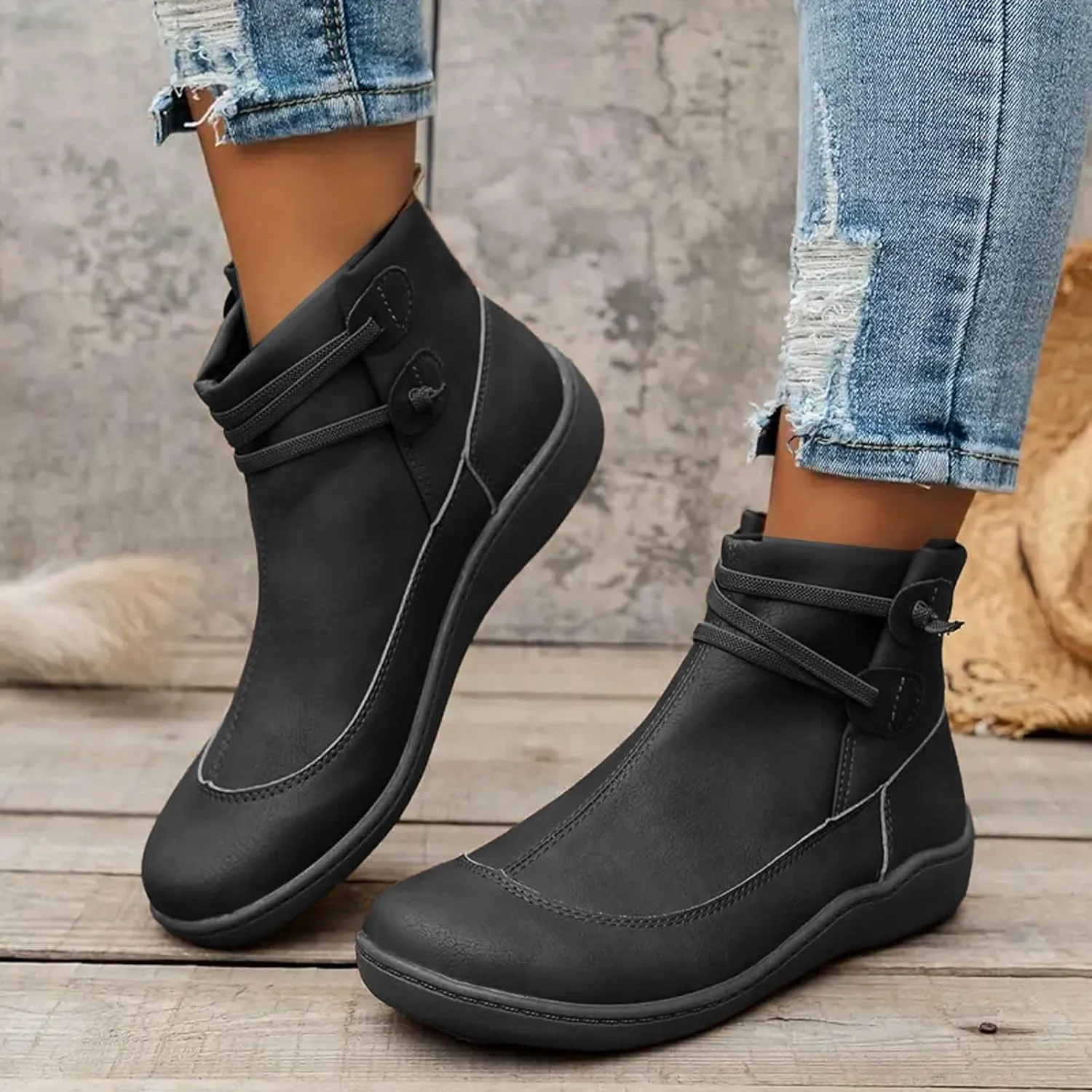 Fall Boots Womens Flat Western Ankle Boots Round Toe Cowboy Cowgirl Arch Support Walking Short Bootie