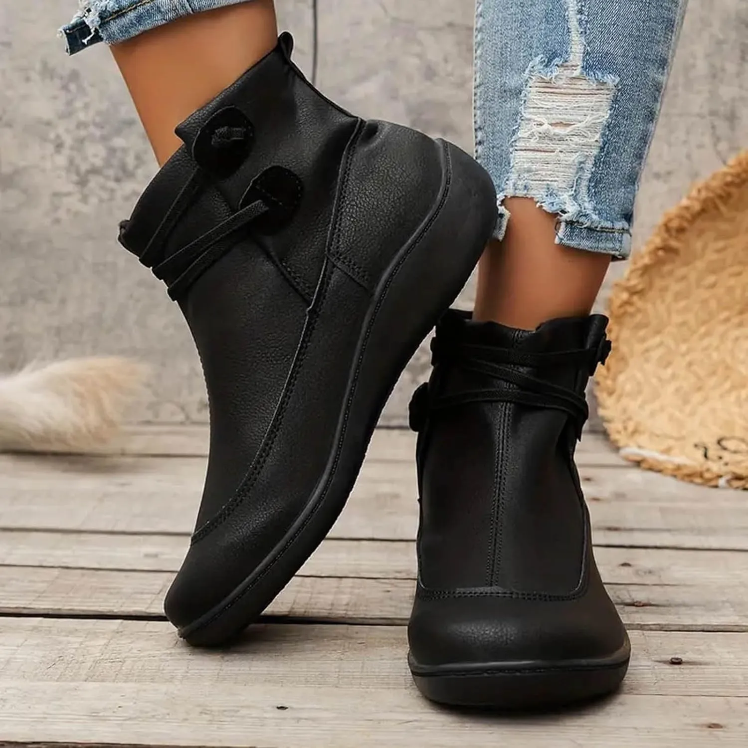 Fall Boots Womens Flat Western Ankle Boots Round Toe Cowboy Cowgirl Arch Support Walking Short Bootie