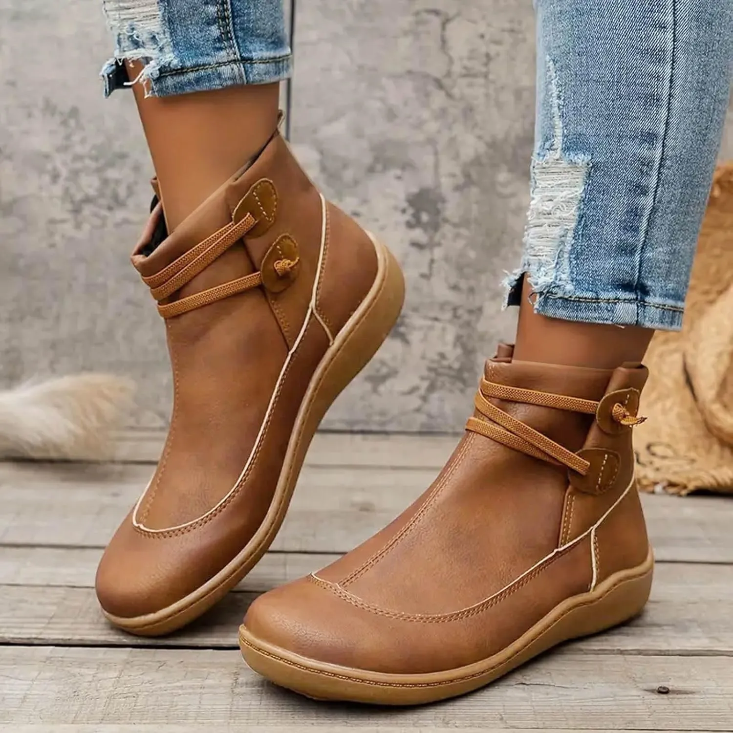 Fall Boots Womens Flat Western Ankle Boots Round Toe Cowboy Cowgirl Arch Support Walking Short Bootie