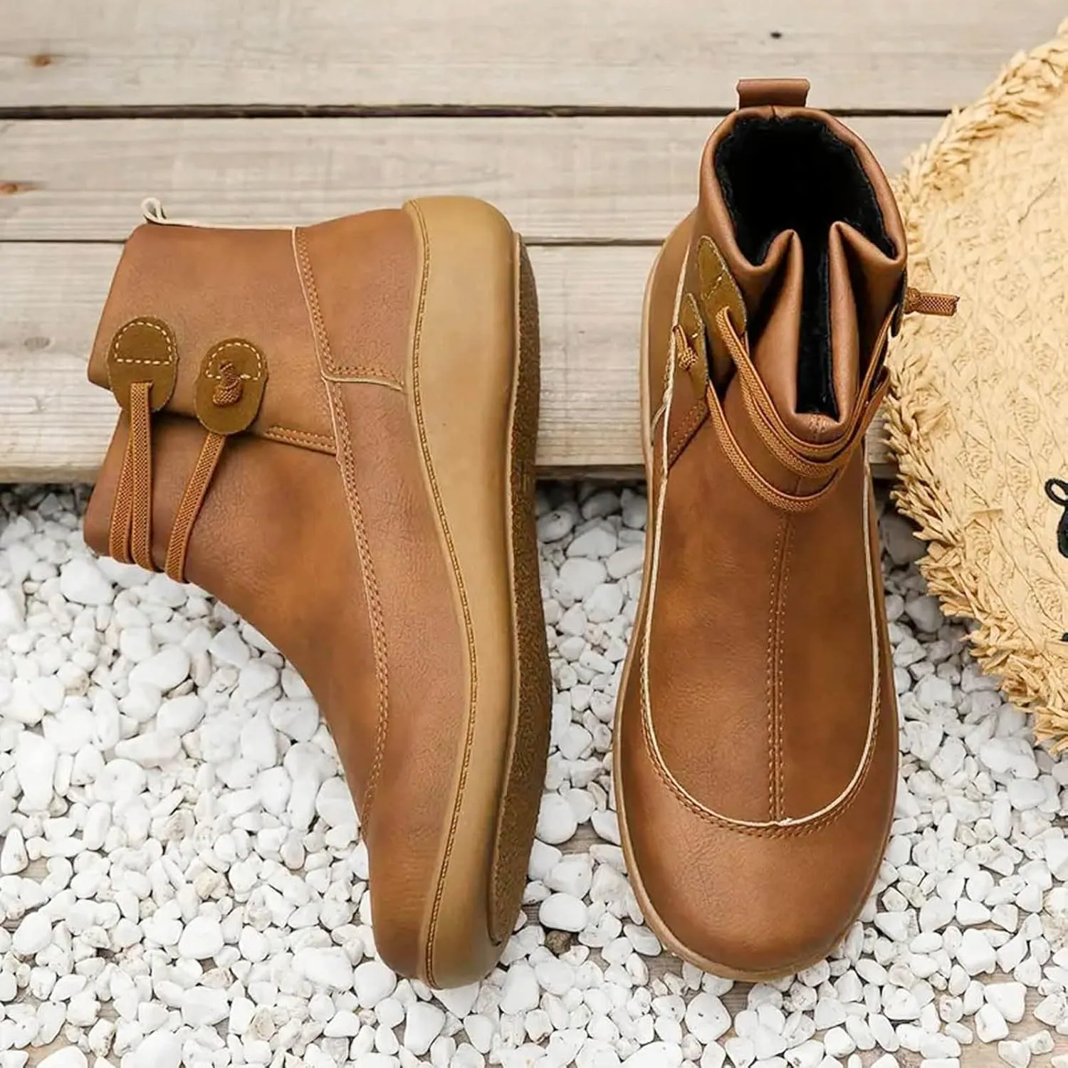 Fall Boots Womens Flat Western Ankle Boots Round Toe Cowboy Cowgirl Arch Support Walking Short Bootie