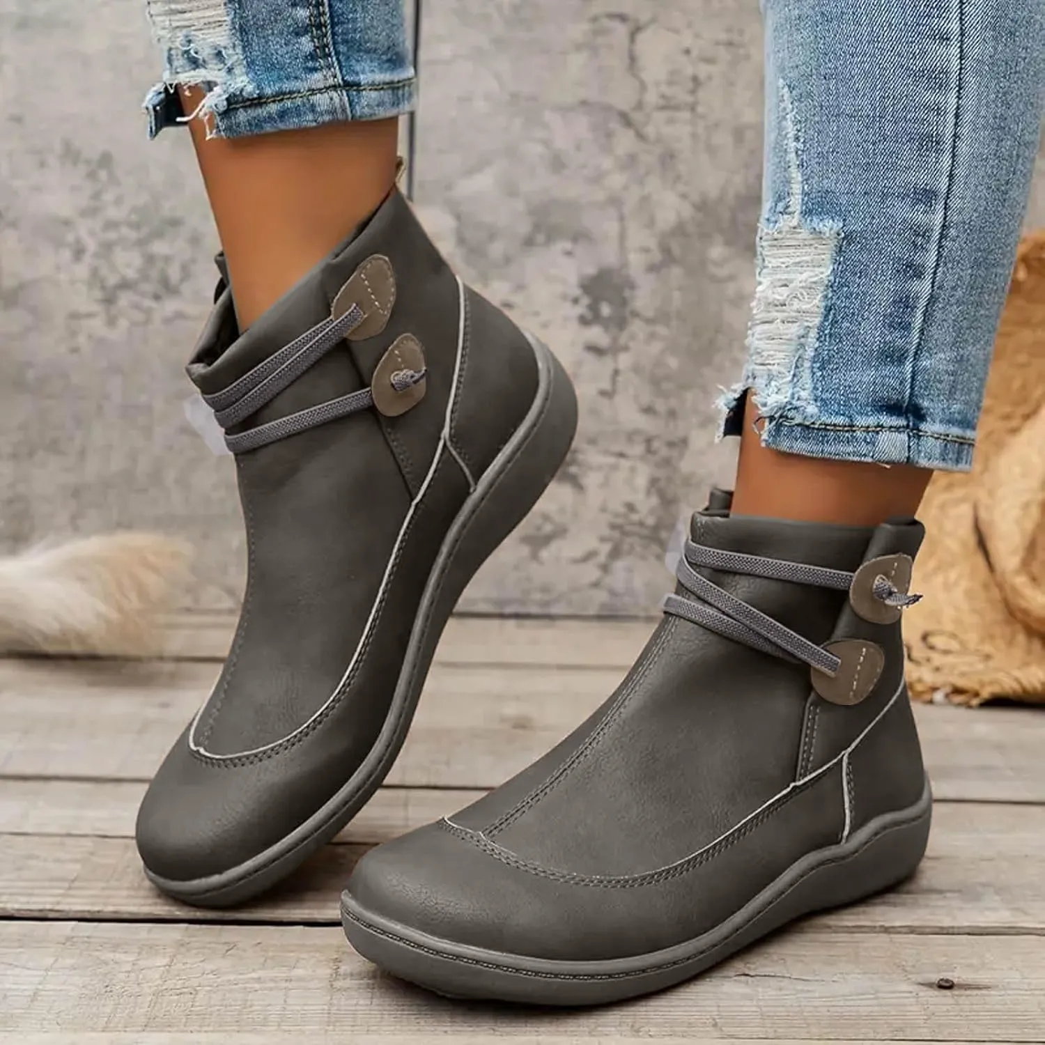 Fall Boots Womens Flat Western Ankle Boots Round Toe Cowboy Cowgirl Arch Support Walking Short Bootie