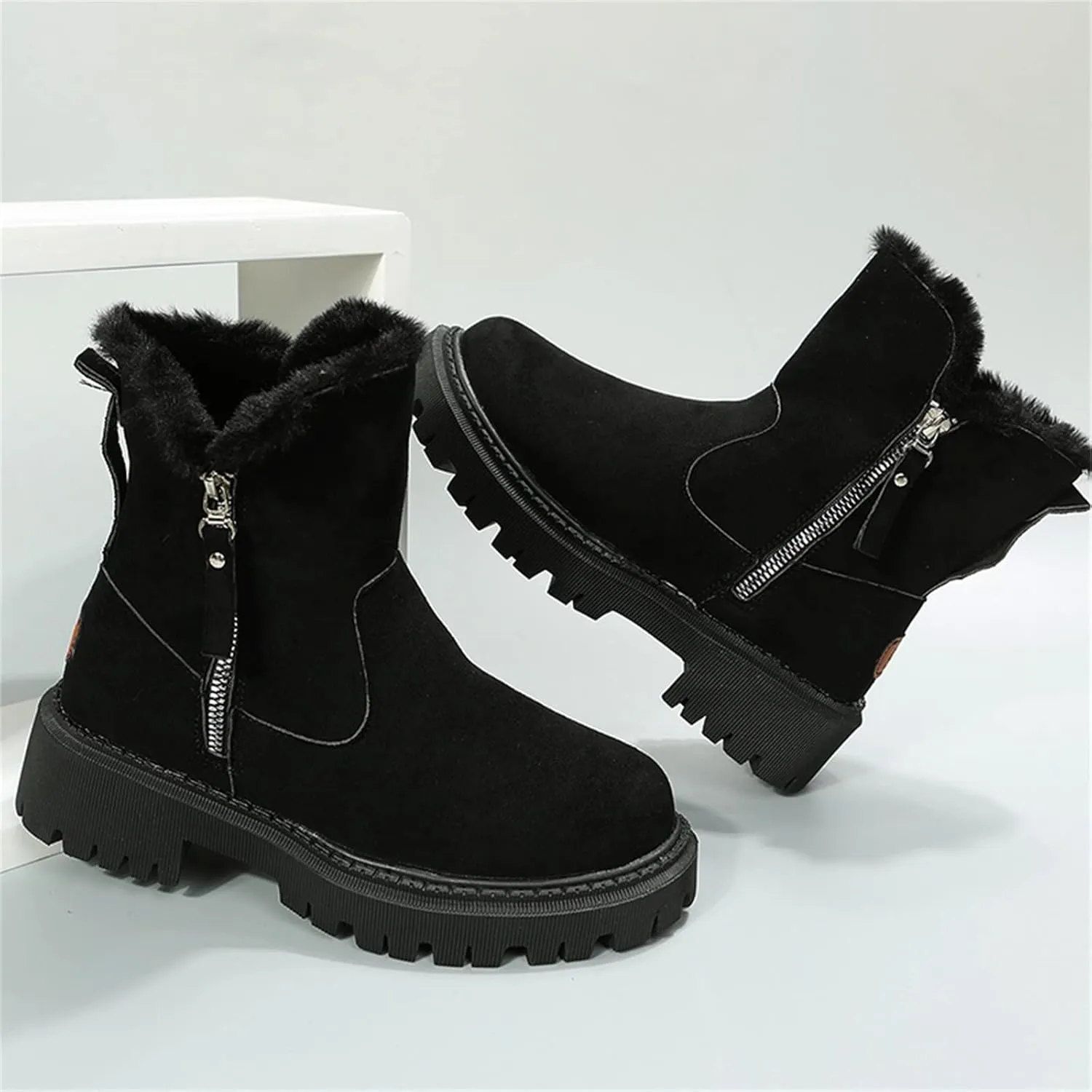 Fall Boots Womens Water Resistant Snow Boots Fuzzy Fur Lined Lug Sole Anti Slip Combat Ankle Booties with Side Zip