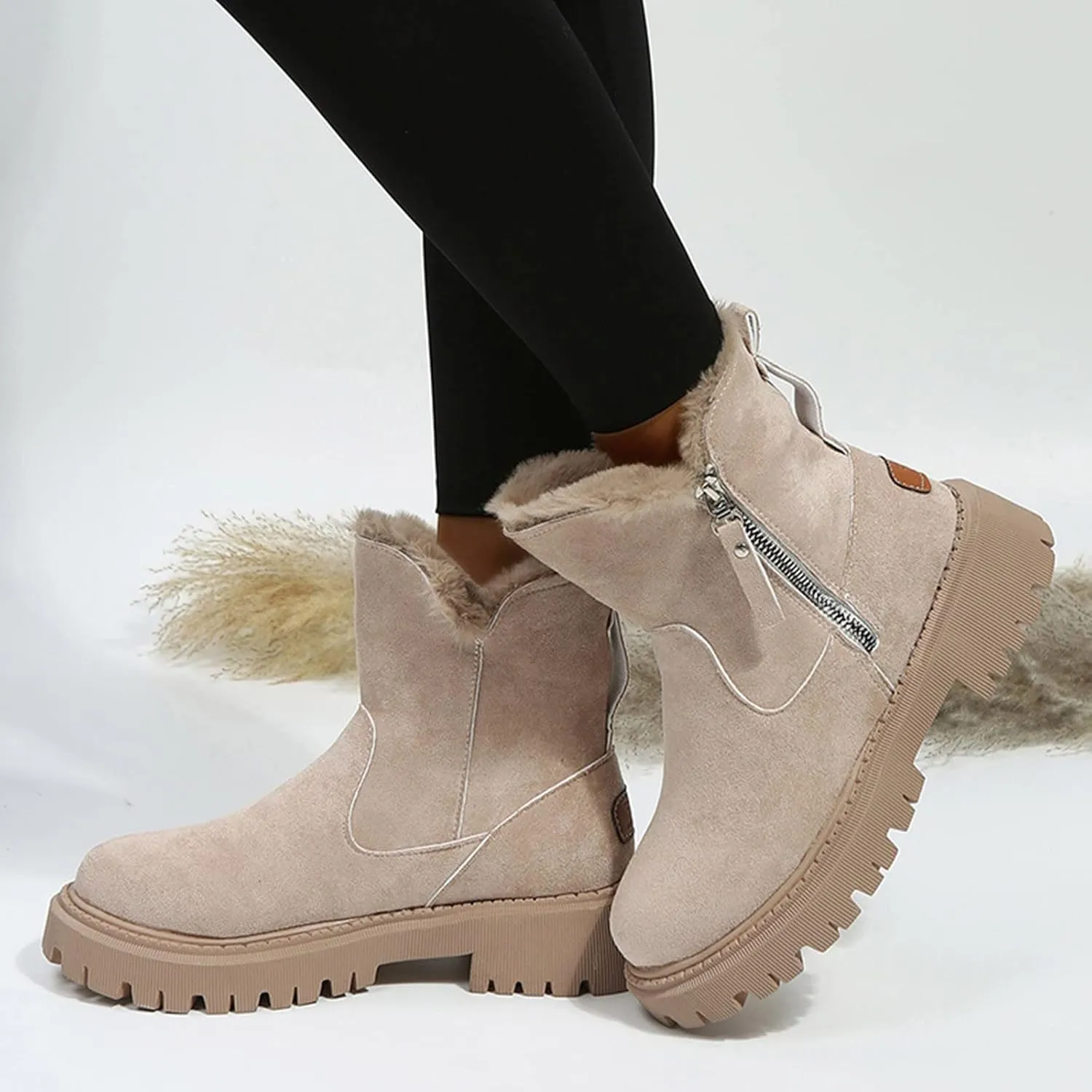 Fall Boots Womens Water Resistant Snow Boots Fuzzy Fur Lined Lug Sole Anti Slip Combat Ankle Booties with Side Zip