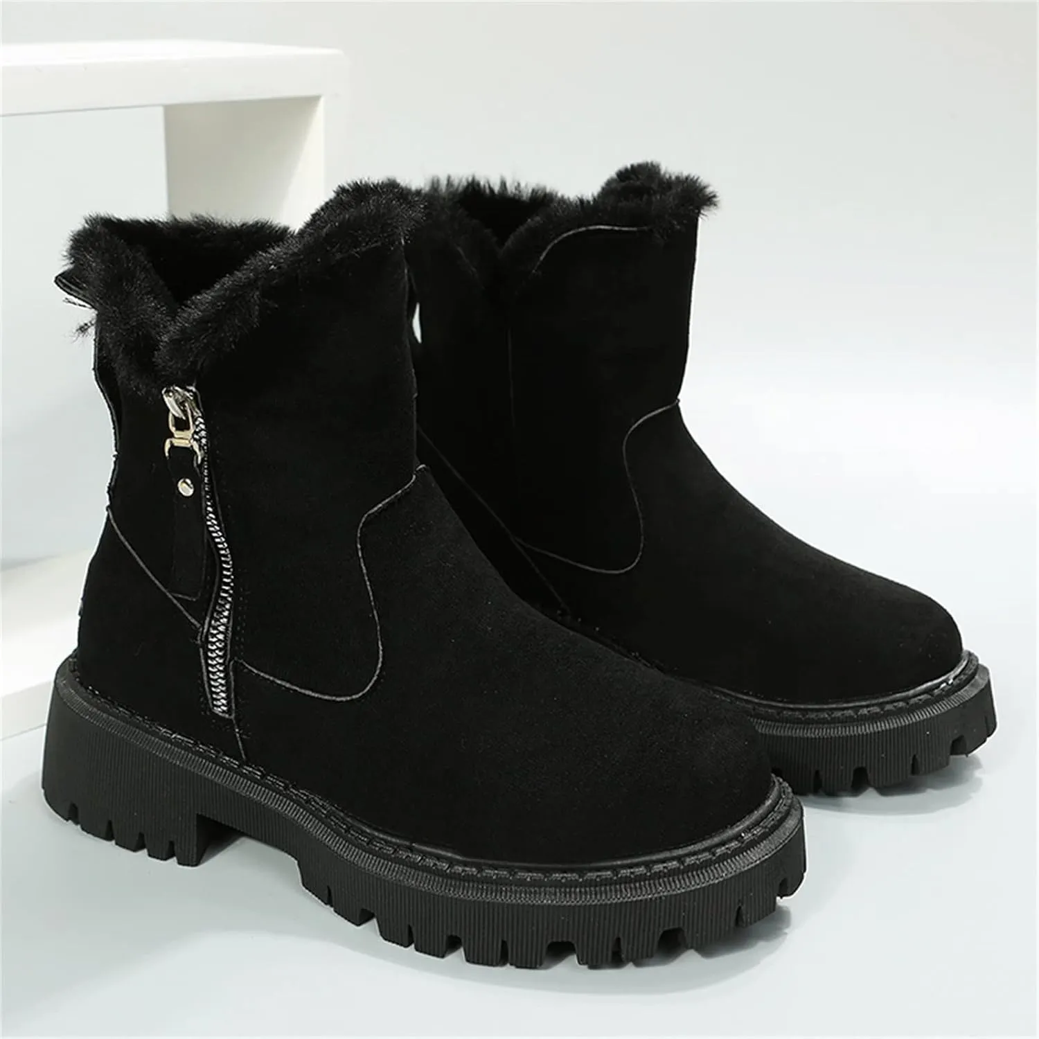 Fall Boots Womens Water Resistant Snow Boots Fuzzy Fur Lined Lug Sole Anti Slip Combat Ankle Booties with Side Zip