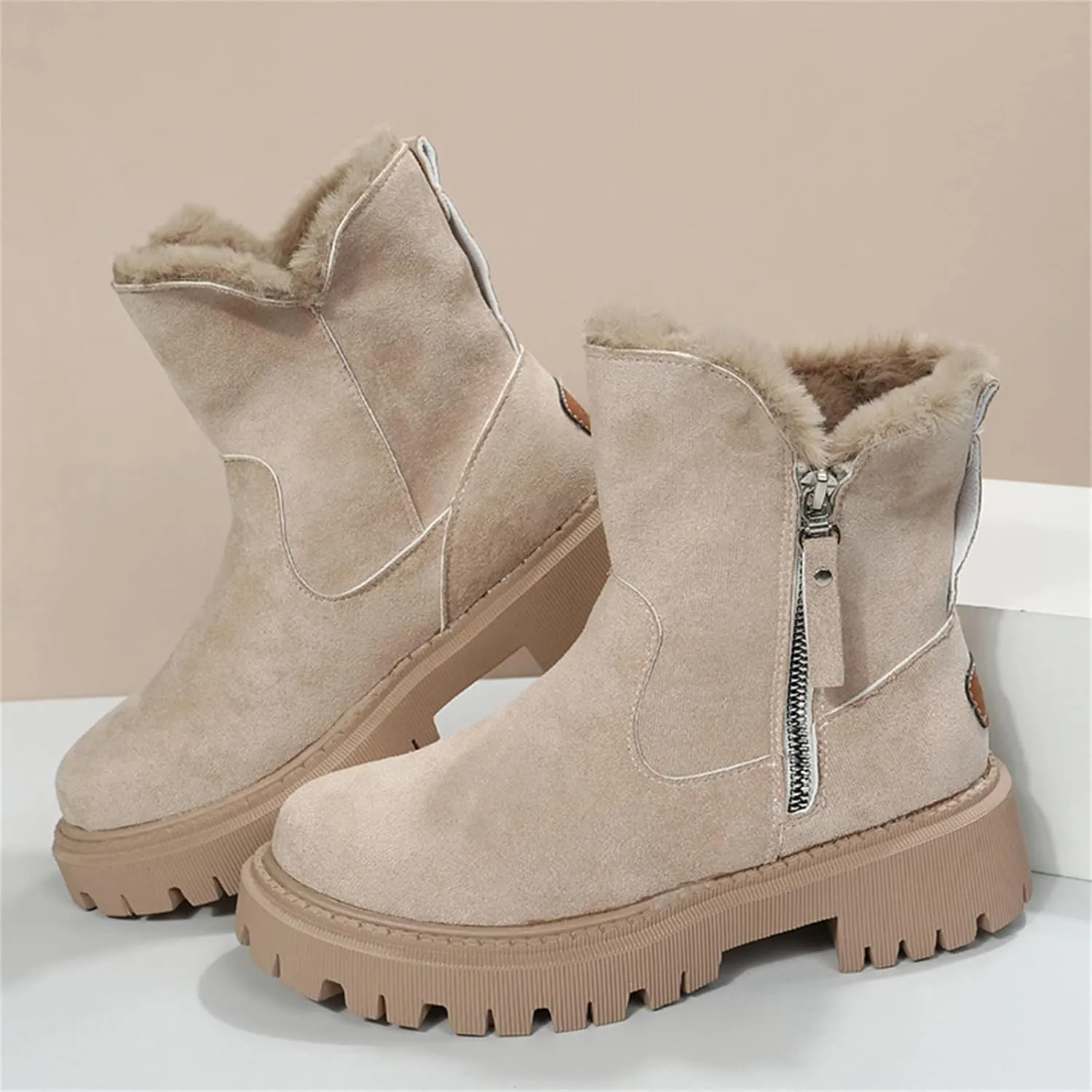 Fall Boots Womens Water Resistant Snow Boots Fuzzy Fur Lined Lug Sole Anti Slip Combat Ankle Booties with Side Zip