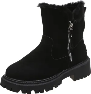 Fall Boots Womens Water Resistant Snow Boots Fuzzy Fur Lined Lug Sole Anti Slip Combat Ankle Booties with Side Zip