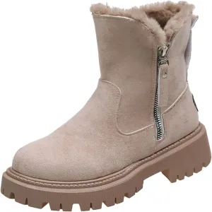 Fall Boots Womens Water Resistant Snow Boots Fuzzy Fur Lined Lug Sole Anti Slip Combat Ankle Booties with Side Zip