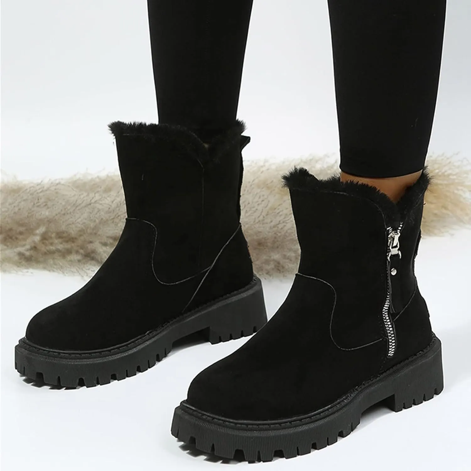 Fall Boots Womens Water Resistant Snow Boots Fuzzy Fur Lined Lug Sole Anti Slip Combat Ankle Booties with Side Zip