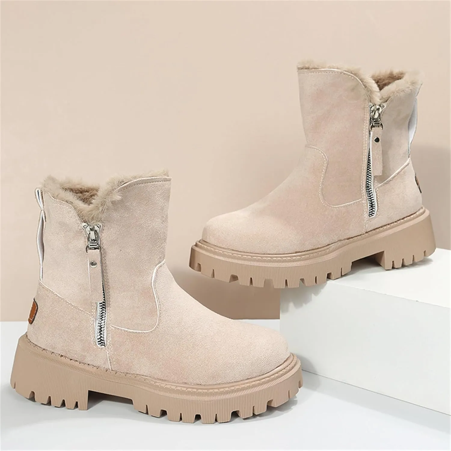 Fall Boots Womens Water Resistant Snow Boots Fuzzy Fur Lined Lug Sole Anti Slip Combat Ankle Booties with Side Zip