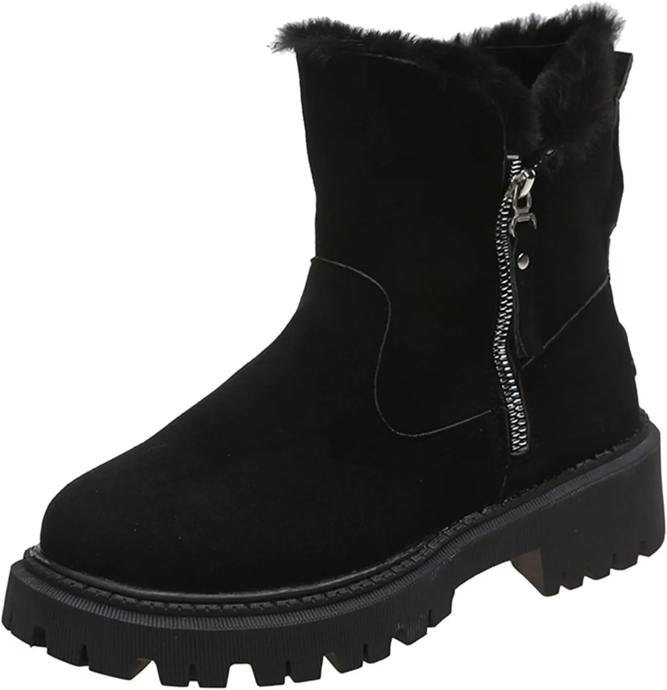 Fall Boots Womens Water Resistant Snow Boots Fuzzy Fur Lined Lug Sole Anti Slip Combat Ankle Booties with Side Zip
