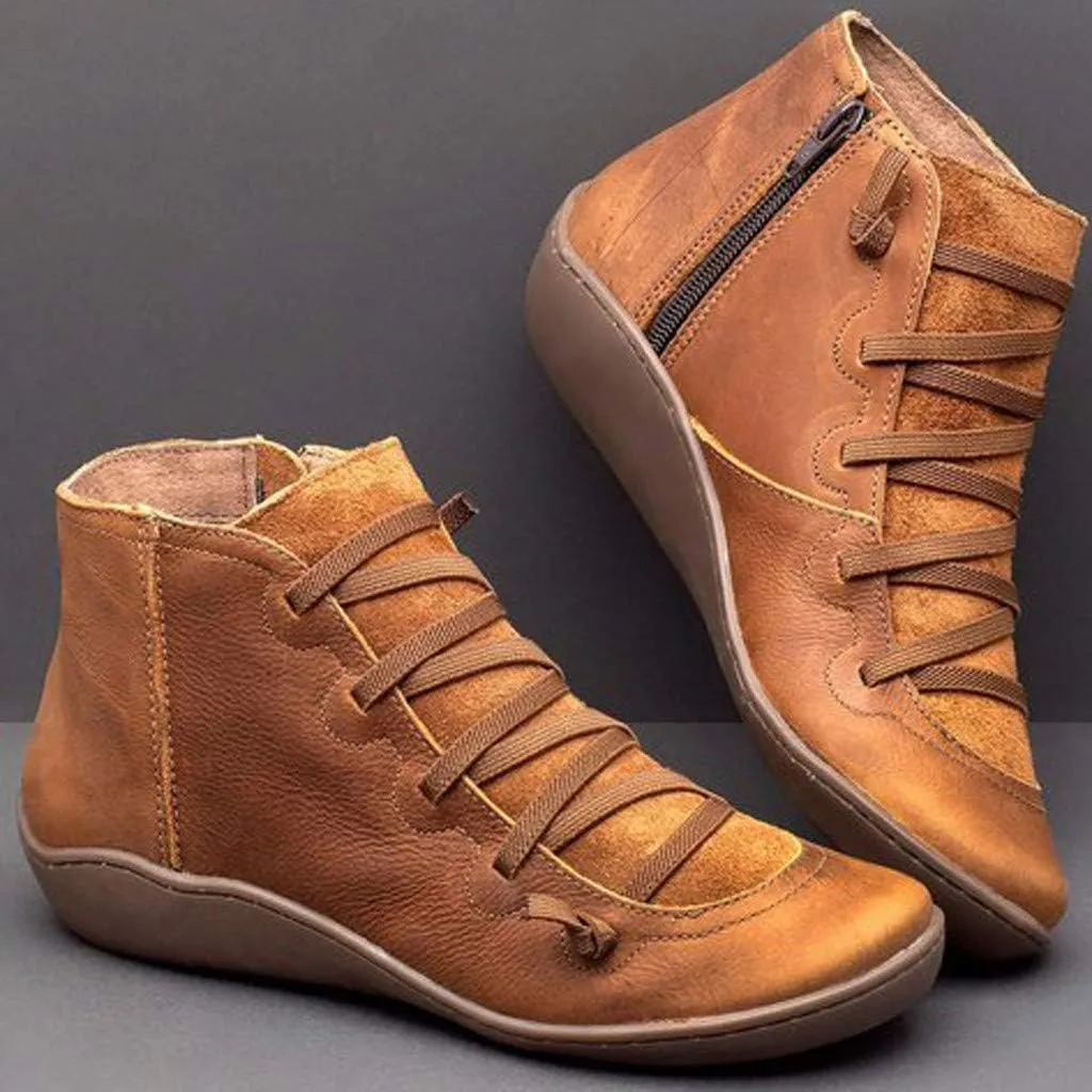 Flat Booties for Women Casual Arch Support Boots Comfy Lace up Ankle Booties Lightweight Booties with Zipper