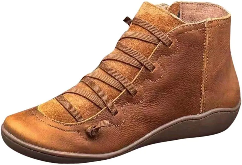 Flat Booties for Women Casual Arch Support Boots Comfy Lace up Ankle Booties Lightweight Booties with Zipper