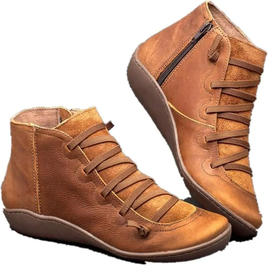 Flat Booties for Women Casual Arch Support Boots Comfy Lace up Ankle Booties Lightweight Booties with Zipper