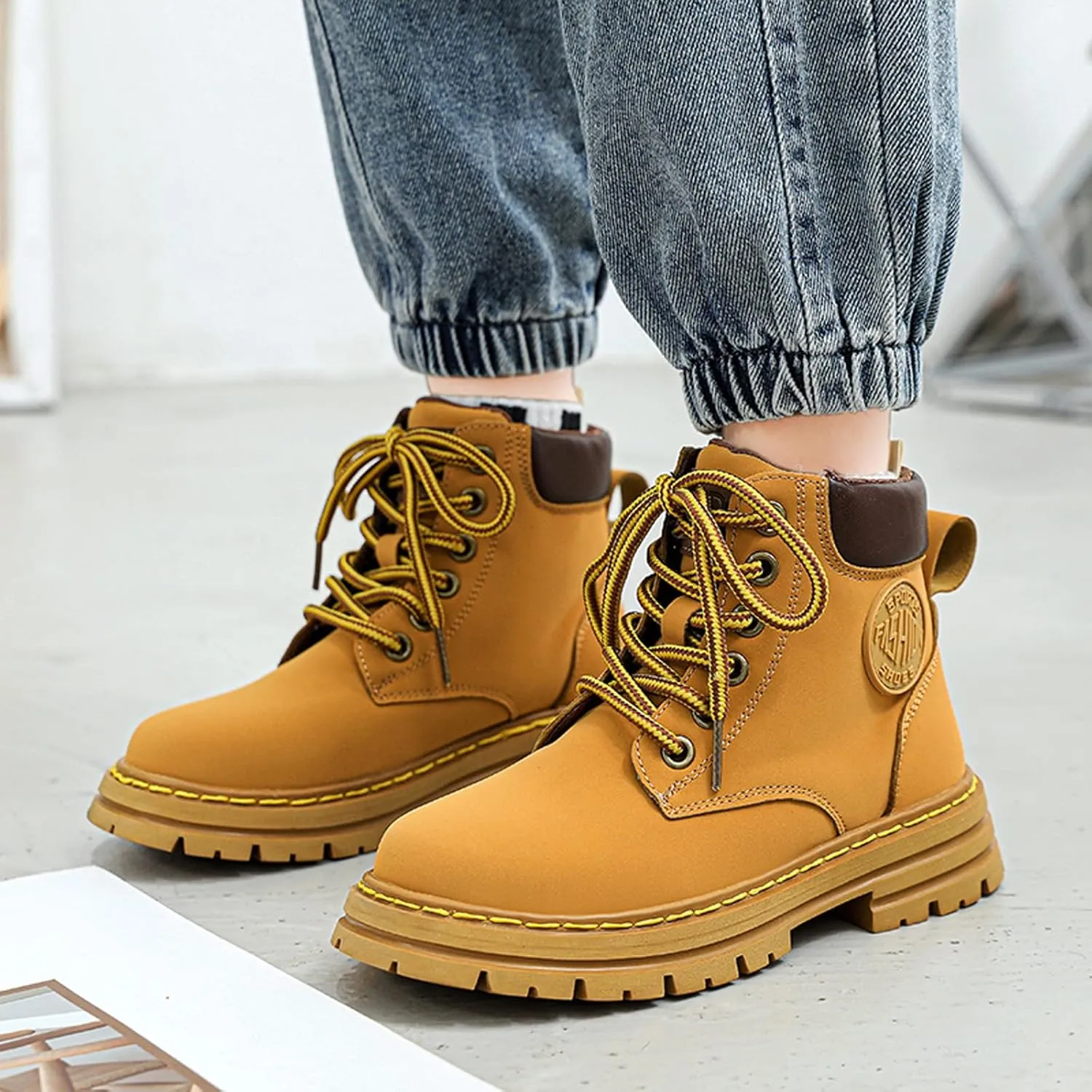 FLIOZY Kids Ankle Boots Boys Fashion Lace Up Work Boots Outdoor Comfort Combat Boots