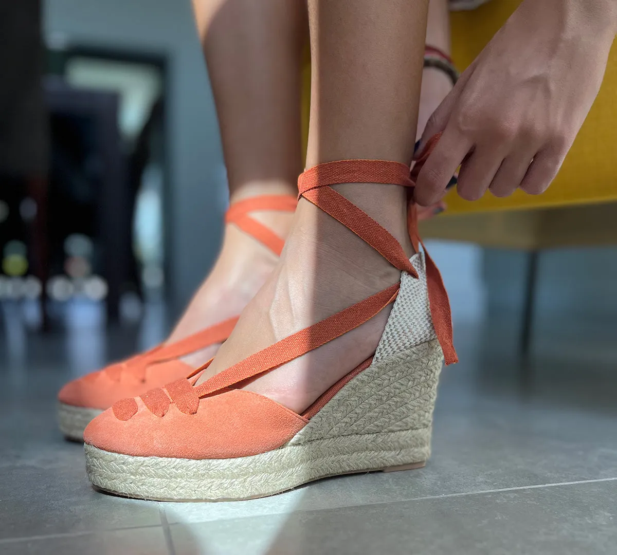 Gimena Burnt Orange Top Laces High Wedge Espadrille