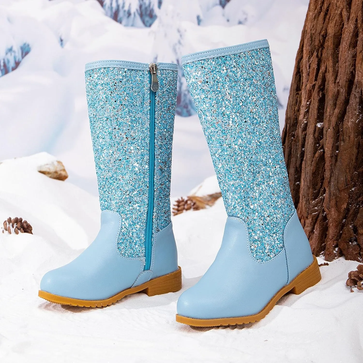 Girls Cowgirl Boots Mid Calf Square Toe Western Boot for Kids Glitter Cowboy Boots Party Snow Boots for Children Shoe
