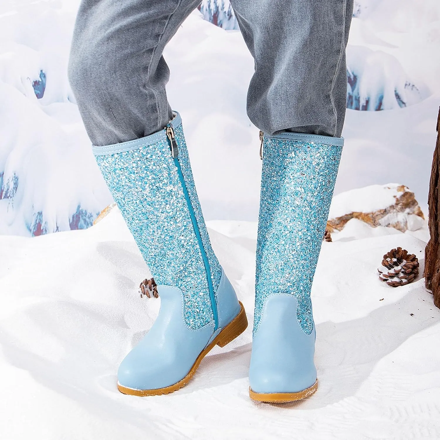 Girls Cowgirl Boots Mid Calf Square Toe Western Boot for Kids Glitter Cowboy Boots Party Snow Boots for Children Shoe