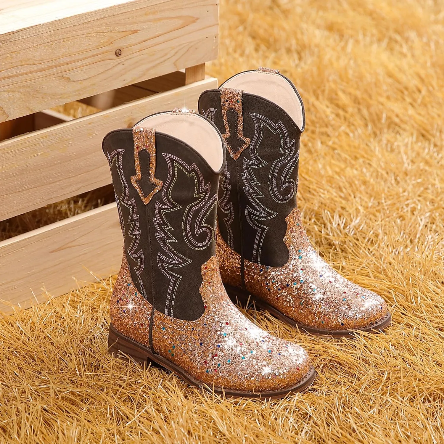Girls Cowgirl Boots Unisex-Child Mid Calf Glitter Toddler Cowboy Boot Little Big Kids Western Riding Shoes