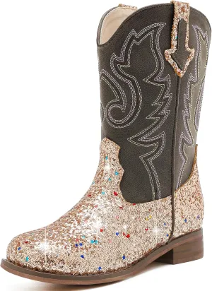Girls Cowgirl Boots Unisex-Child Mid Calf Glitter Toddler Cowboy Boot Little Big Kids Western Riding Shoes