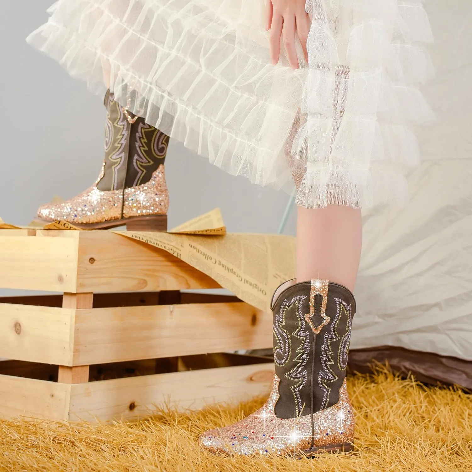Girls Cowgirl Boots Unisex-Child Mid Calf Glitter Toddler Cowboy Boot Little Big Kids Western Riding Shoes