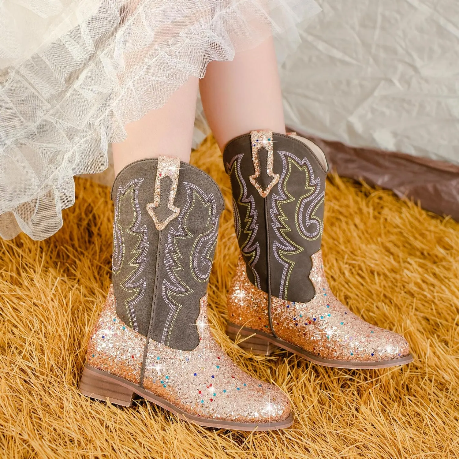 Girls Cowgirl Boots Unisex-Child Mid Calf Glitter Toddler Cowboy Boot Little Big Kids Western Riding Shoes
