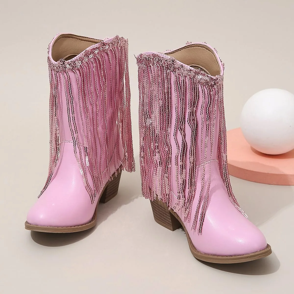 Girls Winter Low Heels Princess Boots Tassel Sequin Mid Calf Riding Shoes
