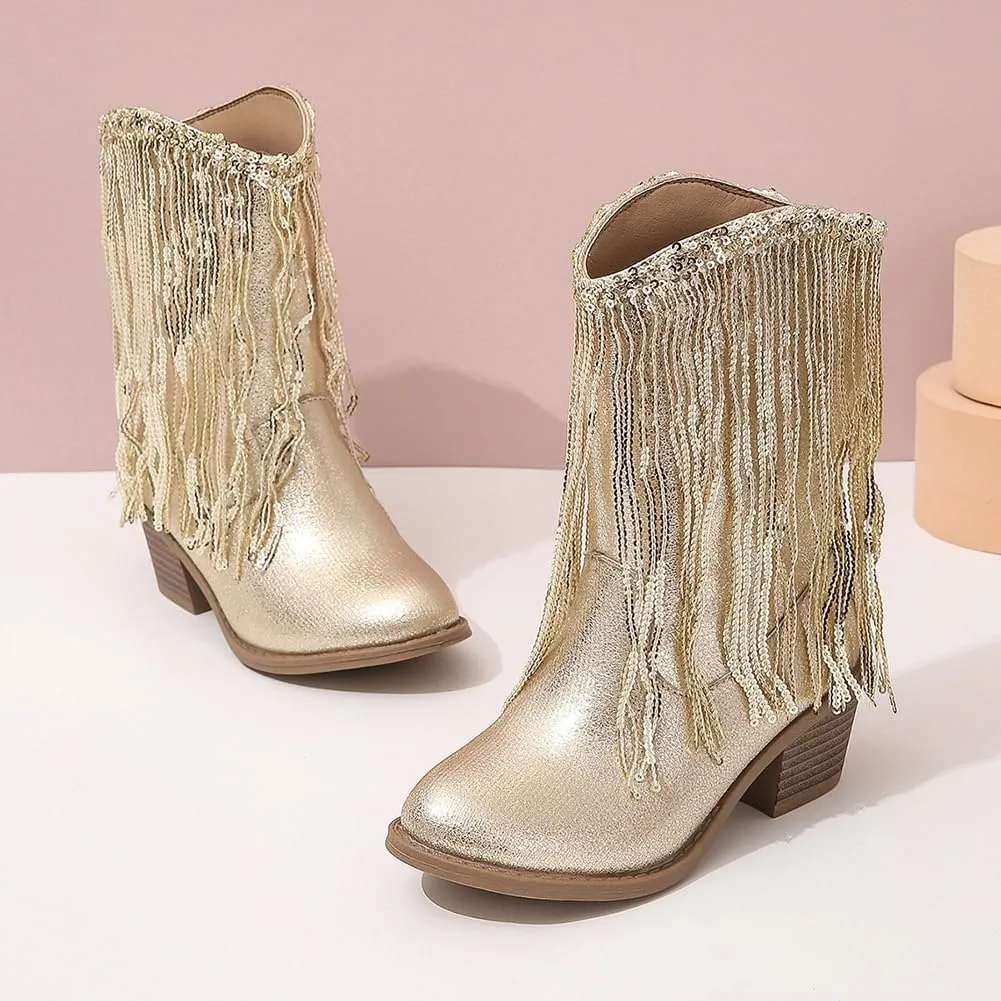 Girls Winter Low Heels Princess Boots Tassel Sequin Mid Calf Riding Shoes